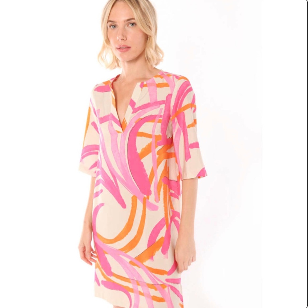 Vilagallo Lizette Luca Pink Orange Abstract Swirl Split Neck Shift‎ Dress  Sz 46